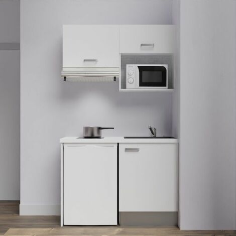Kitchenette K02L-PT - 120 cm avec plan de travail et évier - emplacements frigo, hotte et micro-ondes Façade Blanc - Plan Blanc - Evier Noir
