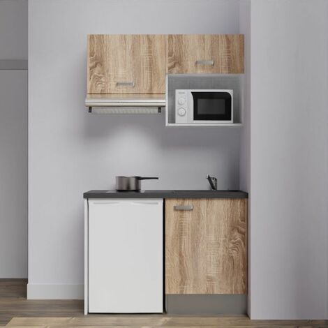 Kitchenette K02L-PT - 120 cm avec plan de travail et évier - emplacements frigo, hotte et micro-ondes - Façade Bois - Plan Noir texturé - Evier Inox - Crédences Non
