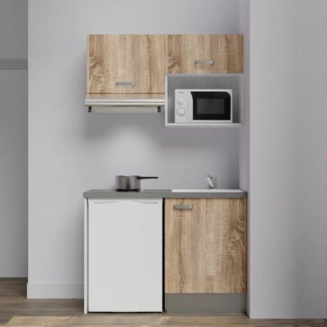 Kitchenette K02L-PT - 120 cm avec plan de travail et évier - emplacements frigo, hotte et micro-ondes - Façade Bois - Plan Gris béton - Evier Inox - Crédences Non