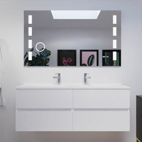 Cuisibane – Meuble double vasque 140 cm avec miroir Excellence – Vasque en résine – 4 tiroirs avec sortie totale – Fixation murale blanche (1/5)