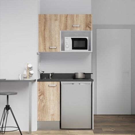 Cuisibane – Kitchenette 100 cm – Évier intégré à gauche – Emplacements frigo top et micro-ondes – PlaniQuartz 80% minéraux – Compact pour petits espaces