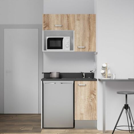 Cuisibane – Kitchenette 100 cm avec évier à droite – PlaniQuartz noir – Emplacements frigo top et micro-ondes – Meubles en bois dur