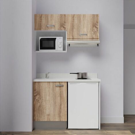Kitchenette K02L - 120 cm avec plan monobloc, emplacement frigo, hotte et micro-ondes-Bois-Snova-évier à gauche