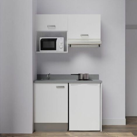 Kitchenette K02L - 120 cm avec plan monobloc, emplacement frigo, hotte et micro-ondes-Blanc-Cromo-évier à gauche