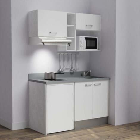 Kitchenette K13L - 140 cm - emplacements frigo, hotte et micro-ondes-Blanc-Cromo-évier à droite