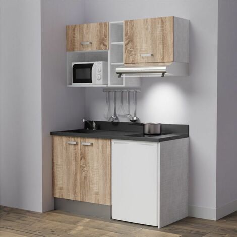 Cuisibane – Kitchenette 140 cm avec évier gauche – Emplacements frigo, hotte, micro-ondes – Plan de travail en PlaniQuartz – 80% minéraux, 20% résine