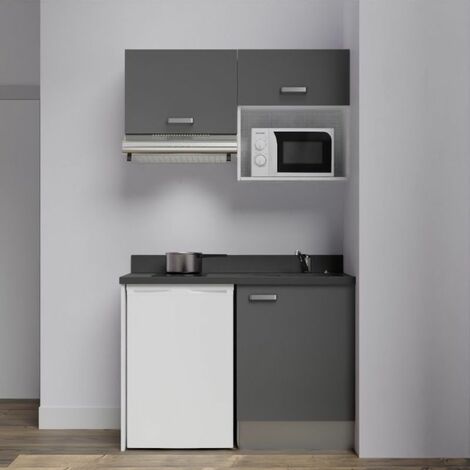 Kitchenette K02L - 120 cm avec plan monobloc, emplacement frigo, hotte et micro-ondes-Gris-Nero-évier à droite