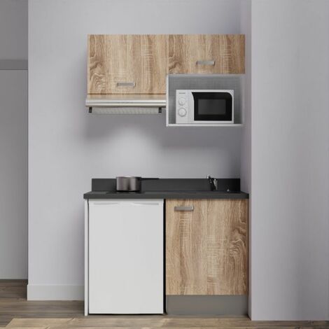 Kitchenette K02L - 120 cm avec plan monobloc, emplacement frigo, hotte et micro-ondes-Bois-Nero-évier à droite