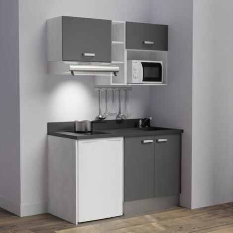 Kitchenette K13L - 140 cm - emplacements frigo, hotte et micro-ondes-Gris-Nero-évier à droite