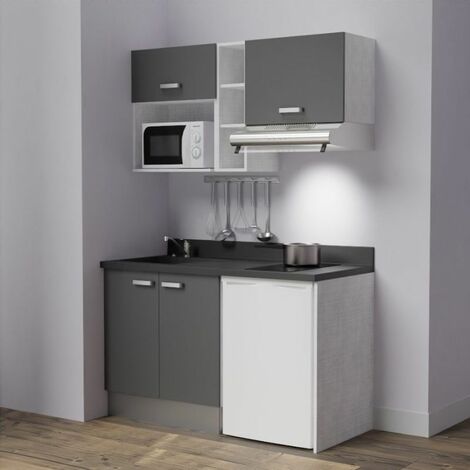 Cuisibane – Kitchenette 140 cm – Évier à gauche – Emplacements frigo, hotte, micro-ondes – Plan de travail monobloc en PlaniQuartz – Gris-Nero