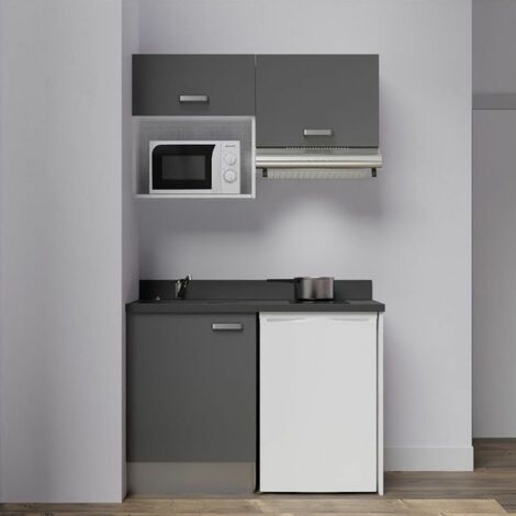 Kitchenette K02L - 120 cm avec plan monobloc, emplacement frigo, hotte et micro-ondes-Gris-Nero-évier à gauche