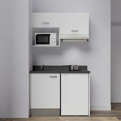 Kitchenette K02L - 120 cm avec plan monobloc, emplacement frigo, hotte et micro-ondes-Blanc-Nero-évier à gauche (1/4)