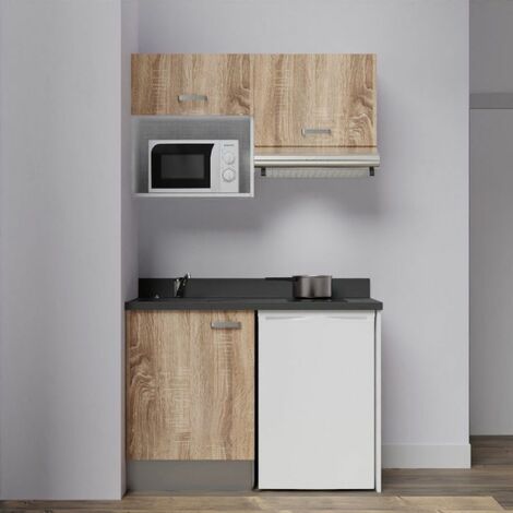 Kitchenette K02L - 120 cm avec plan monobloc, emplacement frigo, hotte et  micro-ondesBoisNeroévier à gauche