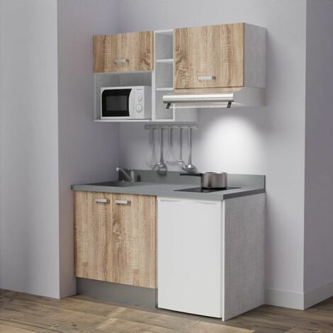 Cuisibane – Kitchenette 140 cm avec évier intégré – Emplacements frigo, hotte, micro-ondes – PlaniQuartz Cromo – Meubles en bois mélaminé