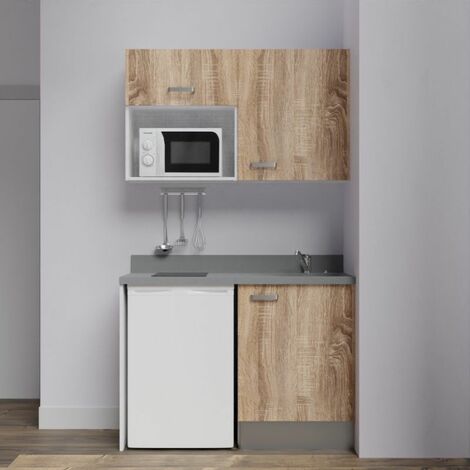 Kitchenette K07L - 120 cm - emplacements frigo top et micro-ondes-Bois-Cromo-évier à droite