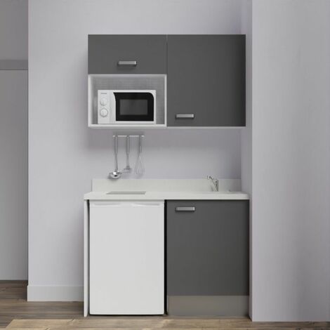 Kitchenette K07L - 120 cm - emplacements frigo top et micro-ondes-Gris-Snova-évier à droite