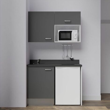Kitchenette K07L - 120 cm - emplacements frigo top et micro-ondes-Gris-Nero-évier à gauche