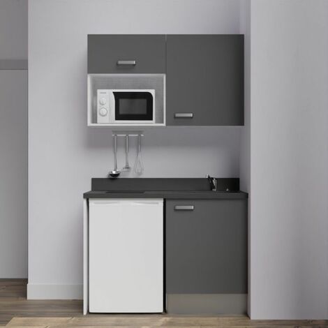 Kitchenette K07L - 120 cm - emplacements frigo top et micro-ondes-Gris-Nero-évier à droite