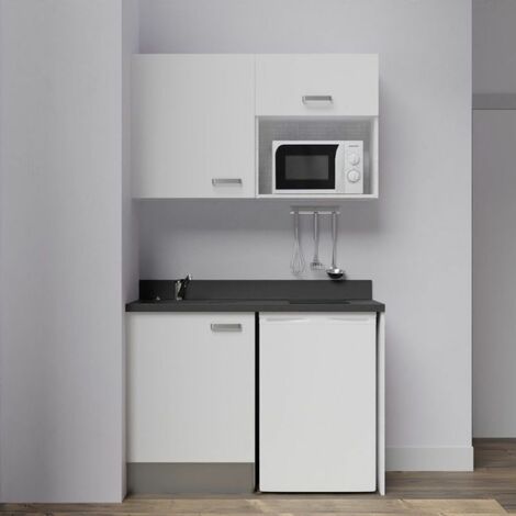 Kitchenette K07L - 120 cm - emplacements frigo top et micro-ondes-Blanc-Nero-évier à gauche