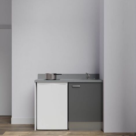 Kitchenette K08L - 120 cm avec plan monobloc et emplacement frigo top-Gris-Cromo-évier à droite