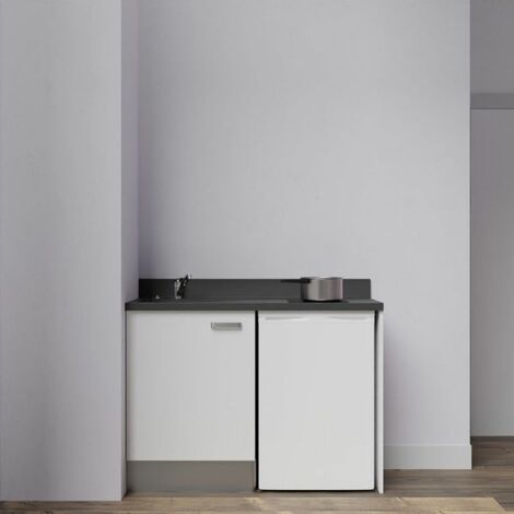 Kitchenette K08L - 120 cm avec plan monobloc et emplacement frigo top-Blanc-Nero-évier à gauche