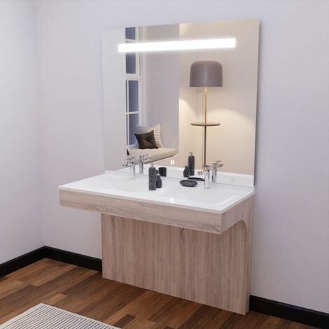 Meuble lave-linge IDEA avec plan vasque déportée + grand miroir LED 124 cm