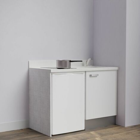 Kitchenette K08L - 120 cm avec plan monobloc et emplacement frigo top-Blanc-Snova-évier à droite