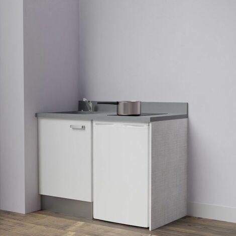 Kitchenette K08L - 120 cm avec plan monobloc et emplacement frigo top-Blanc-Cromo-évier à gauche