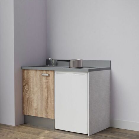 Kitchenette K08L - 120 cm avec plan monobloc et emplacement frigo top-Bois-Cromo-évier à gauche