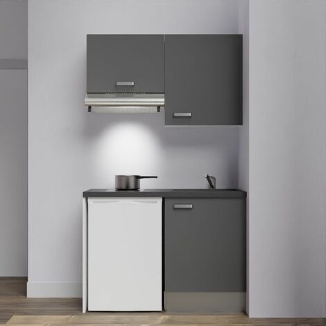 Kitchenette K01L-PT - 120 cm avec plan de travail et évier, emplacements frigo et hotte - Façade Gris - Plan Noir texturé - Evier Inox - Crédences Non (1/4)