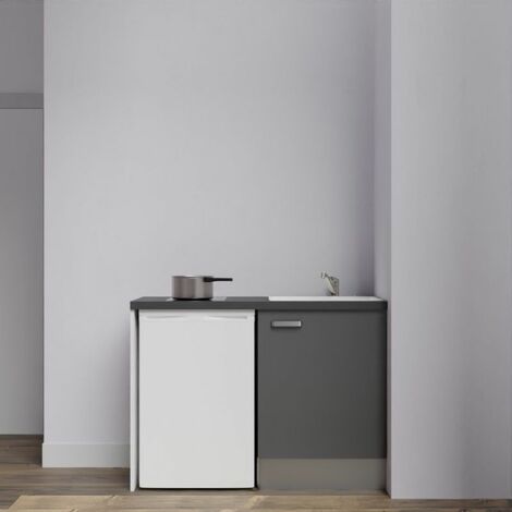 Kitchenette K08L-PT - 120 cm avec plan de travail et évier - emplacement frigo - Façade Gris - Plan Noir texturé - Evier Inox - Crédences Non