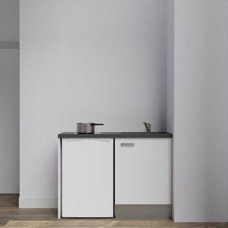 Kitchenette K08L-PT - 120 cm avec plan de travail et évier - emplacement frigo - Façade Blanc - Plan Noir texturé - Evier Inox - Crédences Non (1/5)