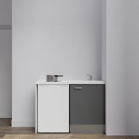 Kitchenette K08L-PT - 120 cm avec plan de travail et évier - emplacement frigo Façade Gris - Plan Blanc - Evier Blanc