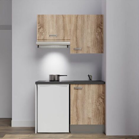 Kitchenette K01L-PT - 120 cm avec plan de travail et évier, emplacements frigo et hotte - Façade Bois - Plan Noir texturé - Evier Inox - Crédences Non (1/4)