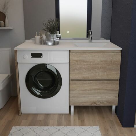 Cuisibane – Meuble lave-mains 124 cm x 65 cm – Plan vasque déportée à droite – 2 tiroirs de rangement – Bois Cambrian Oak