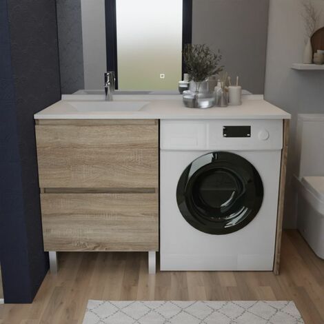Cuisibane – Meuble lave-linge avec vasque déportée 124 cm x 65 cm – 2 tiroirs – Bois blanc brillant – Fixation murale recommandée