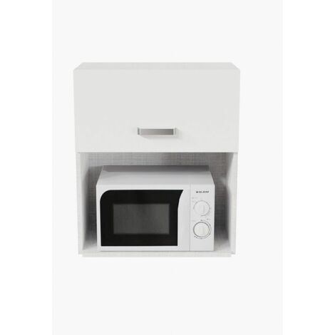 Cuisibane – Meuble micro-ondes à poser 60 cm – Niche 37 cm pour micro-ondes – Rangement haut 30 cm – Caisson gris clair aspect tissé (1/4)