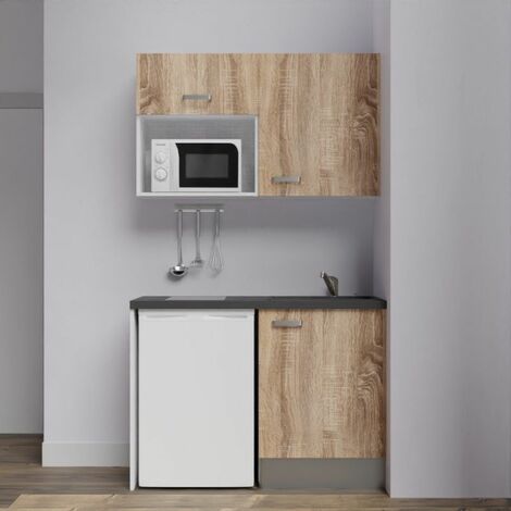 Kitchenette K07L-PT - 120 cm avec plan de travail et évier, emplacements frigo et micro-ondes - Façade Bois - Plan Noir texturé - Evier Inox - Crédences Non