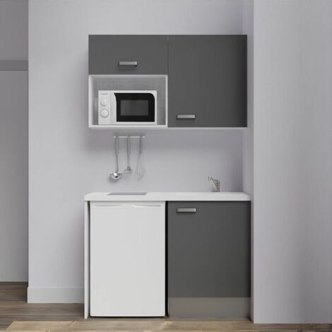 Kitchenette K07L-PT - 120 cm avec plan de travail et évier, emplacements frigo et micro-ondes Façade Gris - Plan Blanc - Evier Blanc