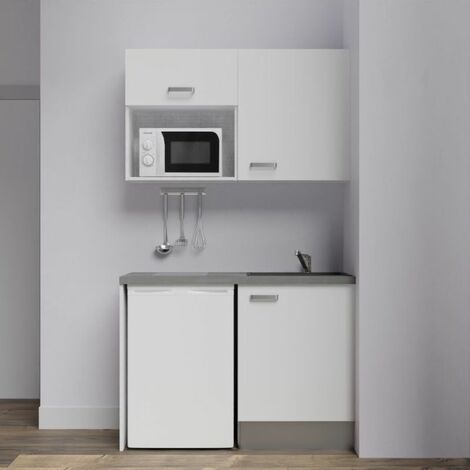 Kitchenette K07L-PT - 120 cm avec plan de travail et évier, emplacements frigo et micro-ondes - Façade Blanc - Plan Gris béton - Evier Inox - Crédences Non
