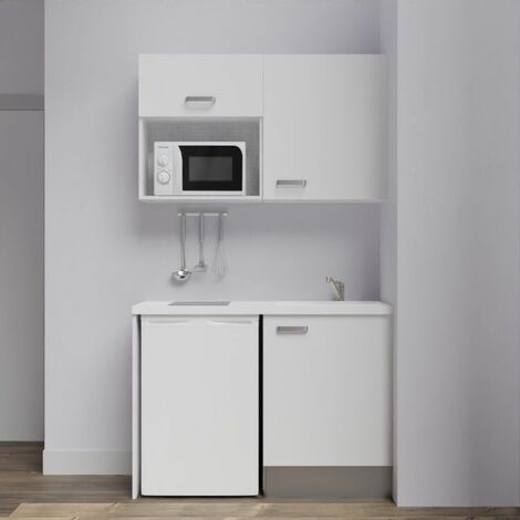Kitchenette K07L-PT - 120 cm avec plan de travail et évier, emplacements frigo et micro-ondes Façade Blanc - Plan Blanc - Evier Blanc