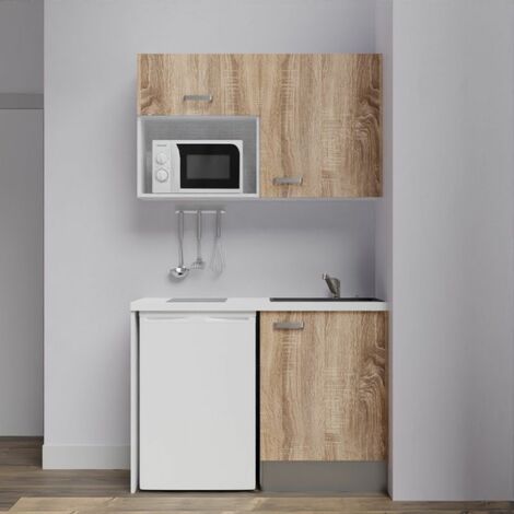 Kitchenette K07L-PT - 120 cm avec plan de travail et évier, emplacements frigo et micro-ondes Façade Bois - Plan Blanc - Evier Noir