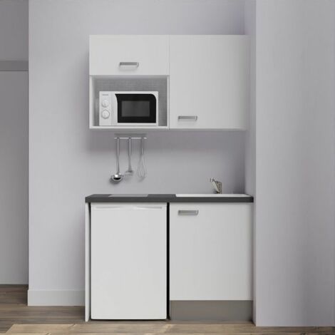 Kitchenette K07L-PT - 120 cm avec plan de travail et évier, emplacements frigo et micro-ondes - Façade Blanc - Plan Noir texturé - Evier Inox - Crédences Non
