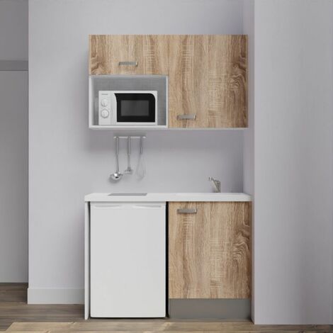 Kitchenette K07L-PT - 120 cm avec plan de travail et évier, emplacements frigo et micro-ondes Façade Bois - Plan Blanc - Evier Blanc