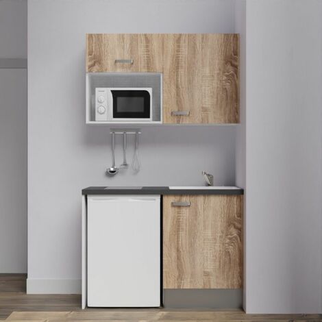 Kitchenette K07L-PT - 120 cm avec plan de travail et évier, emplacements frigo et micro-ondes - Façade Bois - Plan Noir texturé - Evier Inox - Crédences Non