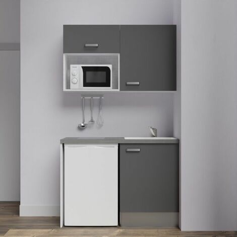 Kitchenette K07L-PT - 120 cm avec plan de travail et évier, emplacements frigo et micro-ondes - Façade Gris - Plan Gris béton - Evier Inox - Crédences Non