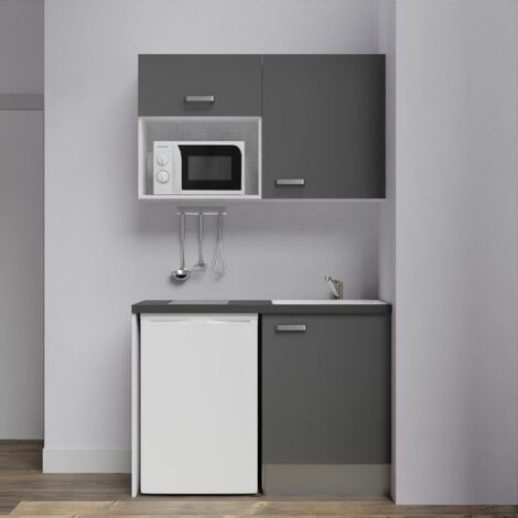Kitchenette K07L-PT - 120 cm avec plan de travail et évier, emplacements frigo et micro-ondes - Façade Gris - Plan Noir texturé - Evier Inox - Crédences Non