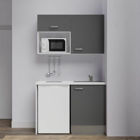 Kitchenette K07L-PT - 120 cm avec plan de travail et évier, emplacements frigo et micro-ondes Façade Gris - Plan Blanc - Evier Gris