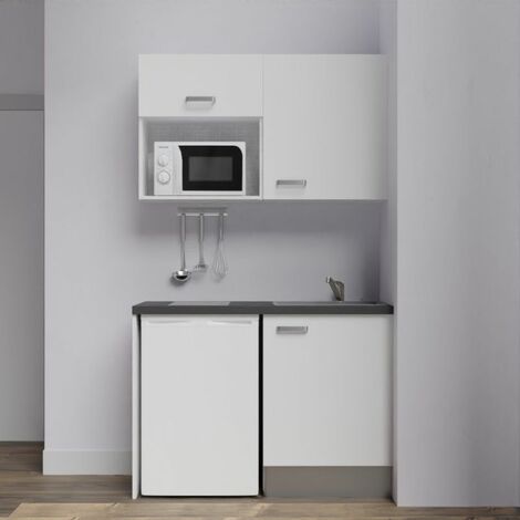 Kitchenette K07L-PT - 120 cm avec plan de travail et évier, emplacements frigo et micro-ondes - Façade Blanc - Plan Noir texturé - Evier Inox - Crédences Non