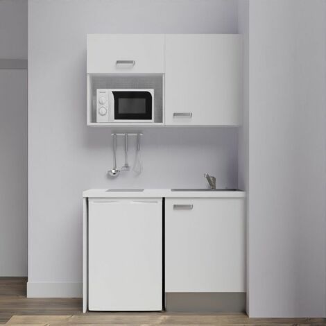Kitchenette K07L-PT - 120 cm avec plan de travail et évier, emplacements frigo et micro-ondes Façade Blanc - Plan Blanc - Evier Gris